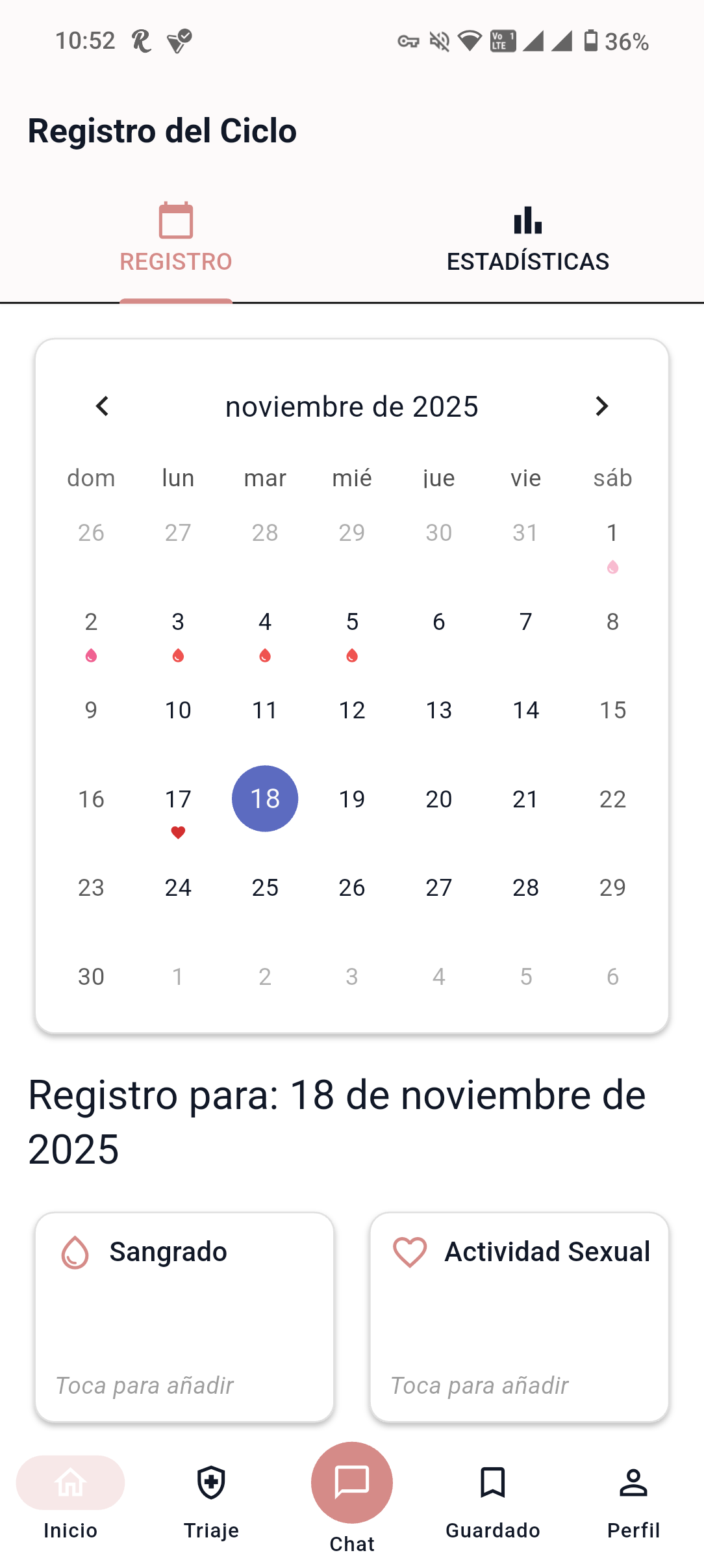 A screenshot of the menstrual cycle tracking calendar in the ROMI app, on a smartphone.
