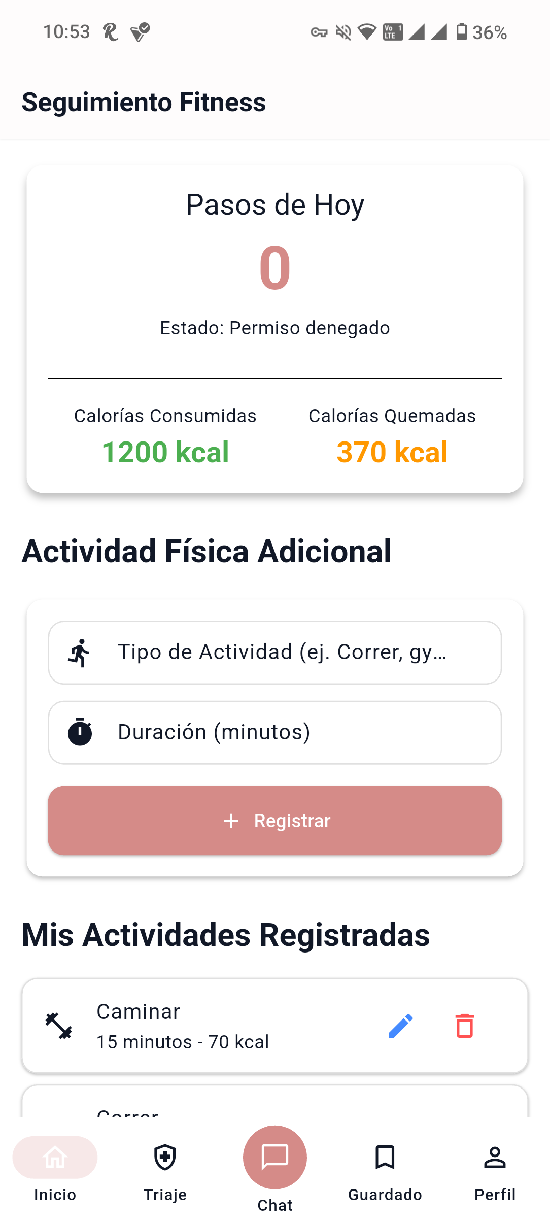 A screenshot of the fitness and activity log in the ROMI app, on a smartphone.