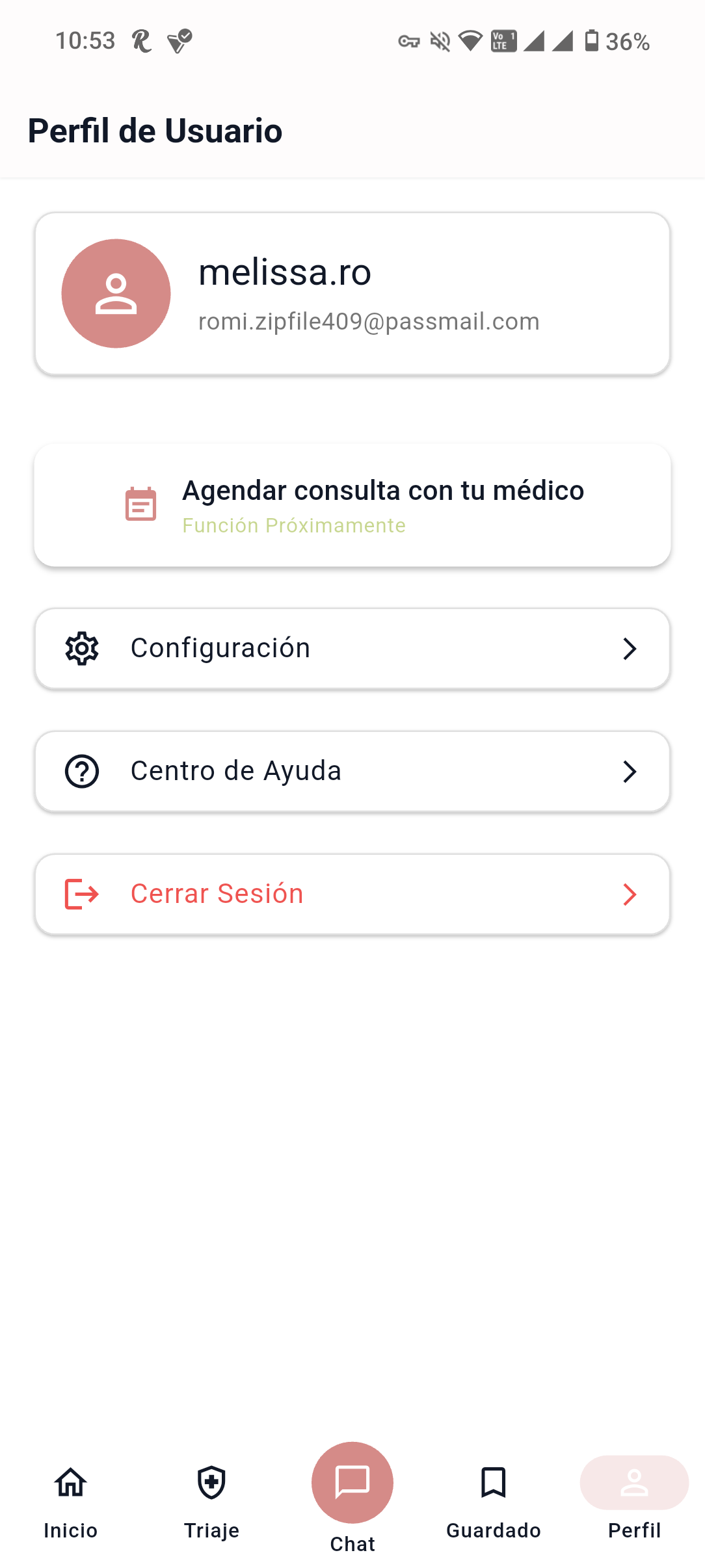 A screenshot of the user profile and settings screen in the ROMI app, on a smartphone.